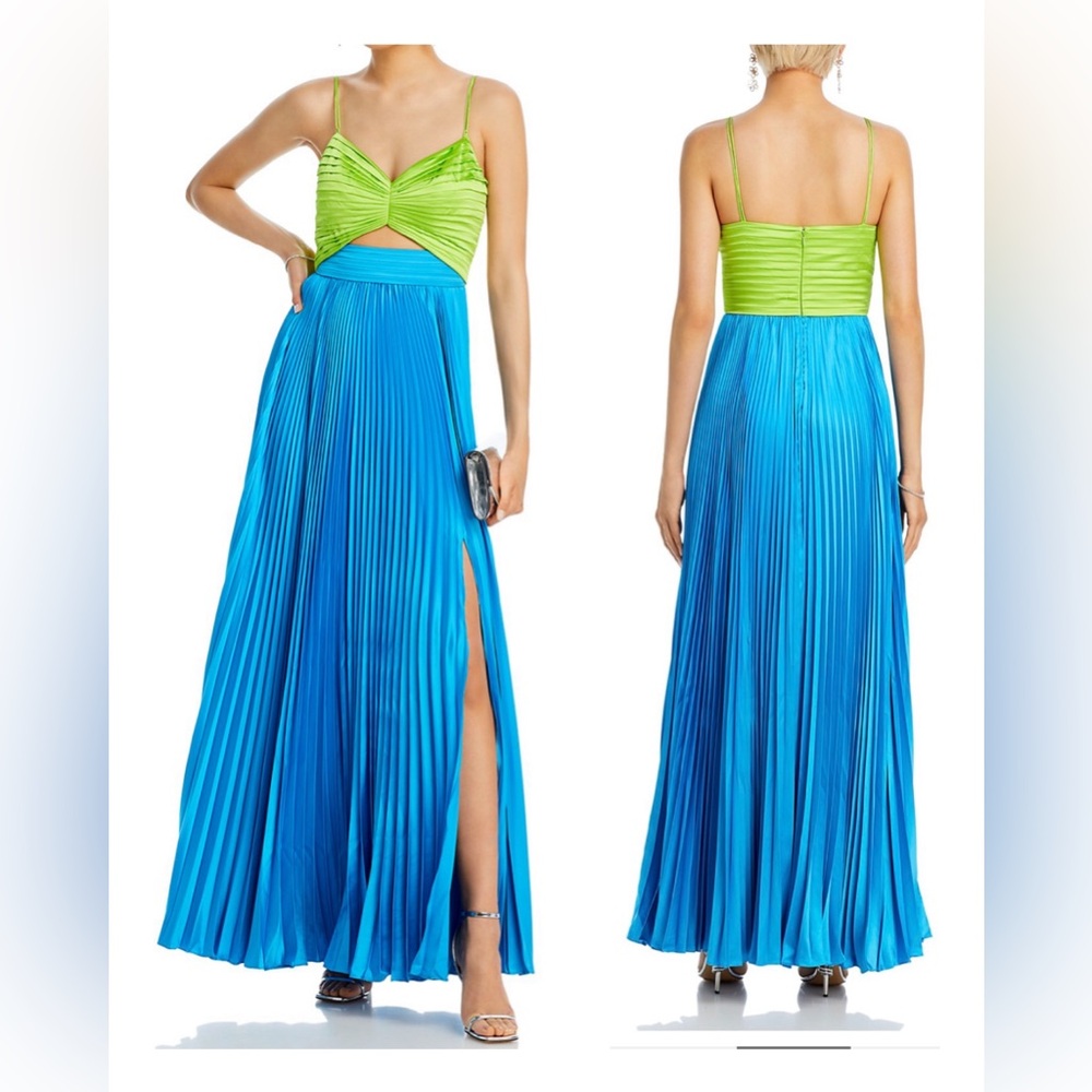 Amur Lime Green Bodice & Blue Pleated Maxi Dress